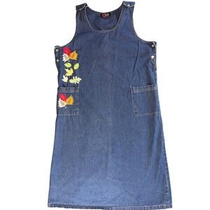 VTG 90s Cherry Krave Cottagecore Autumn Leaf Embroidered Denim Dress L Teacher